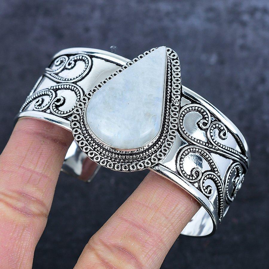 Moonstone Ethnic 925 Sterling Silver Cuff Bangle Adjustable q3Q47