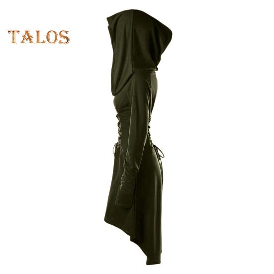 Women Cosplay Dress Gothic Solid Color Lace-up Strap Slim Waist Irregular Hem Hooded Long Sleeves Theme Parties Role-Playing Festival Halloween Midi
