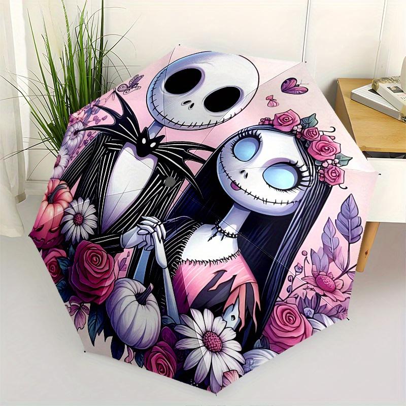 1 Automatischer Regenschirm mit 8 Speichen, Motiv Jack Skellington und Sally, Bunt, Tragbar, für Damen und Herren, Ein Kompakter Begleiter für den Weg zur Arbeit, Geeignet für Da