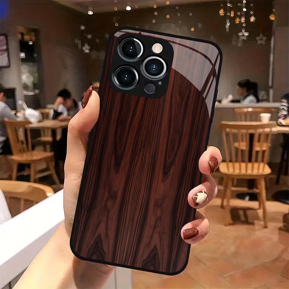 Wood grain pattern tempered glass phone case suitable for iPhone 17 16 15 14 13 12 11 Pro/Max/Plus shockproof back cover