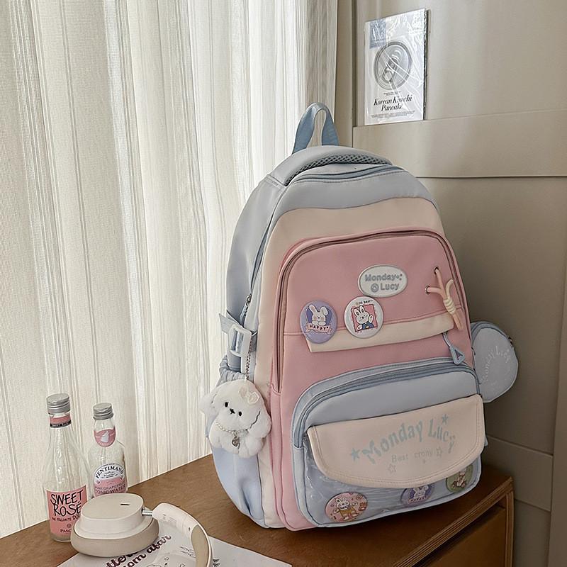 Color Simple Blocked Letter Pattern Student Backpack With Badge Pendant And
