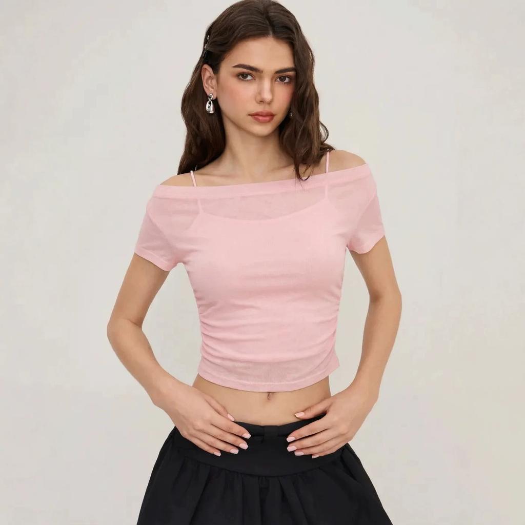 Pure desire wind one-word shoulder mesh short-sleeved top women's summer inner with suspenders, thin versatile short top Spice girl suit
