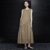 Khaki French-Style Ramie A-Line Dress for Women - Elegant, Exquisite, Slimming, High-End Long Dress, B0632.