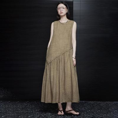 Khaki French-Style Ramie A-Line Dress for Women - Elegant, Exquisite, Slimming, High-End Long Dress, B0632.