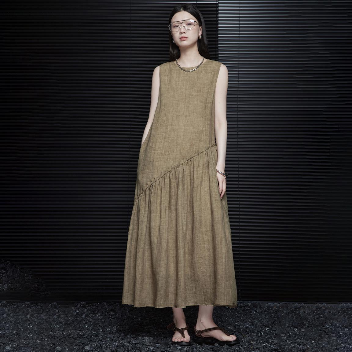 

Khaki French-Style Ramie A-Line Dress for Women - Elegant, Exquisite, Slimming, High-End Long Dress, B0632. M хаки