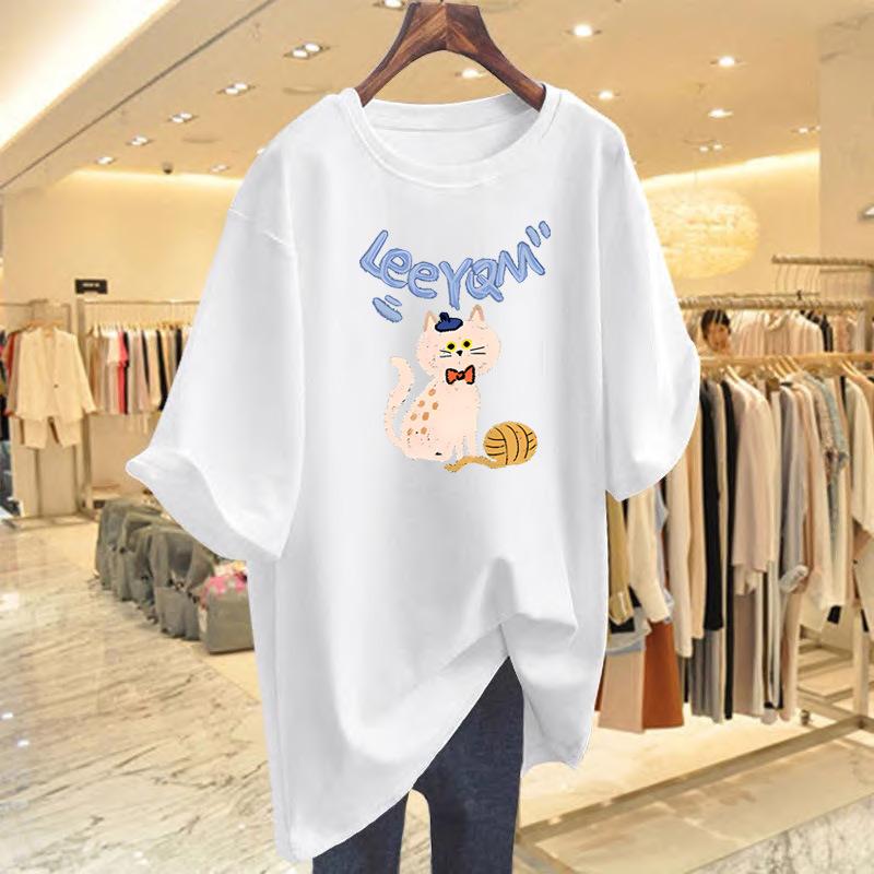 

Pure cotton T-shirt 2025 spring and summer new cartoon cat print top foreign style bottoming shirt short sleeve S