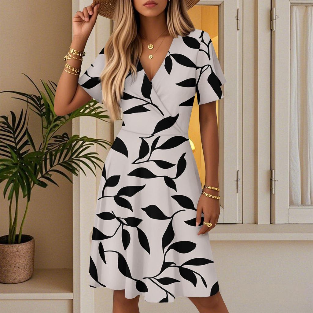 Women's Summer Fashion Leaf Print Dress Casual Beach A-line V-neck Loose Sundress