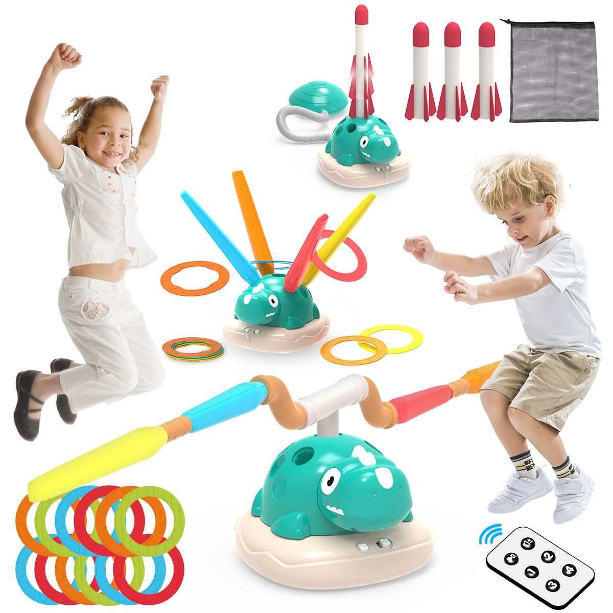 

3-in-1 Dinosaur Electric Toy for Kids and Toddlers, Includes Jump Rope, Rocket Launcher, and Ring Toss, Music & Remote Control, Outdoor Play, Indoor