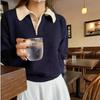 Korean Style Casual Slimming Long Sleeve Color Block Polo Collar Knit Sweater for Women