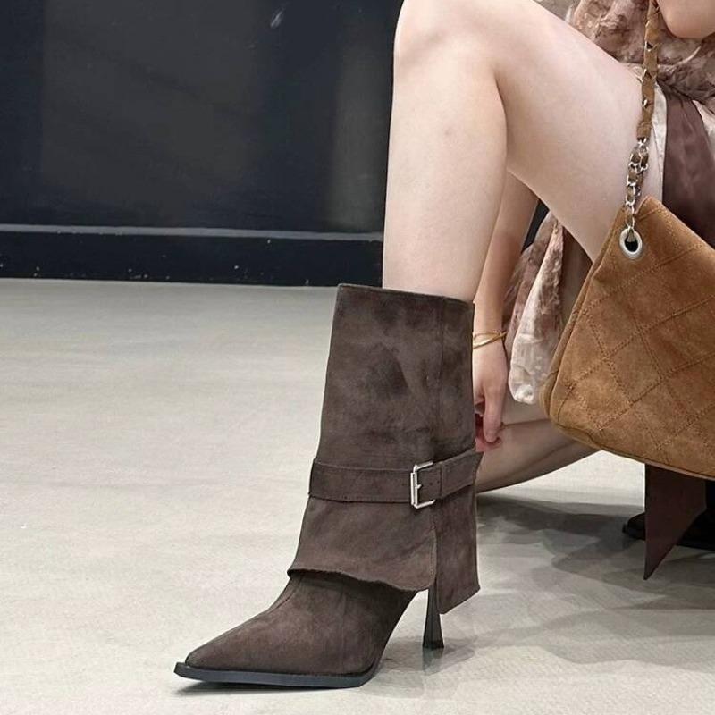 New Style Fashion Women's Luxury Autumn Pointed Pleated Thin Heel Fringed Calf Boots Knight Boots Plus Size Mid Length Boots