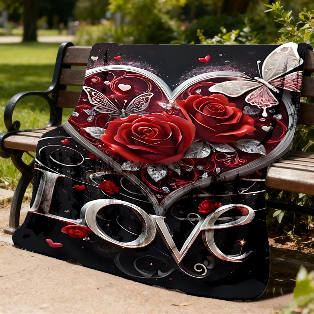 1pc Heart Roses Love Throw Blanket Polyester Fiber, Lightweight Flannel, Soft & Warm, All Season Use for Outdoor, Camping