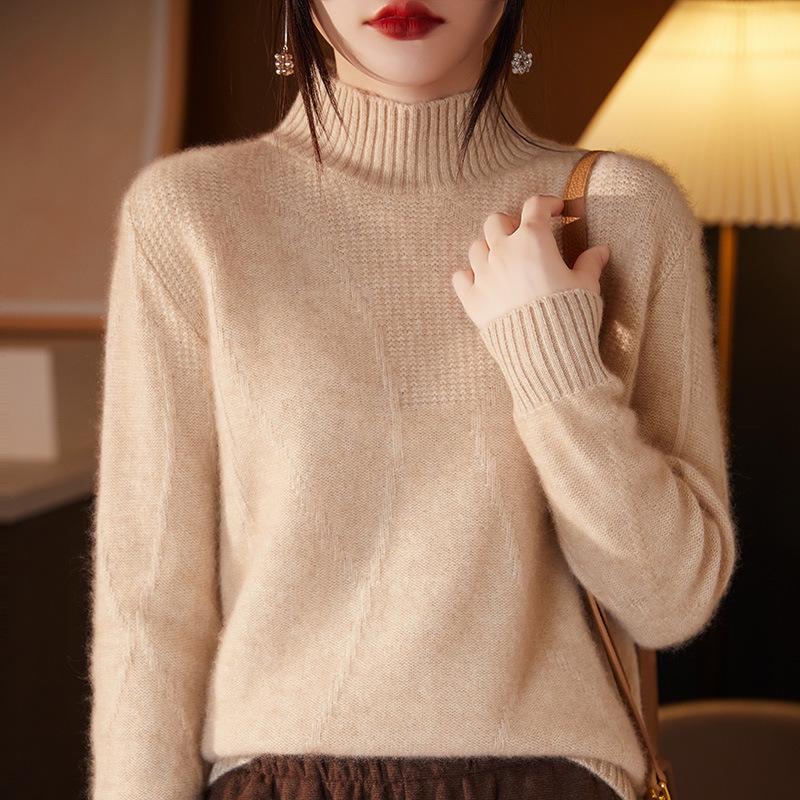 Women's Autumn/Winter Wool Pullover Sweater - Half-High Collar, Irregular Lines, Casual, Thickened Base Layer