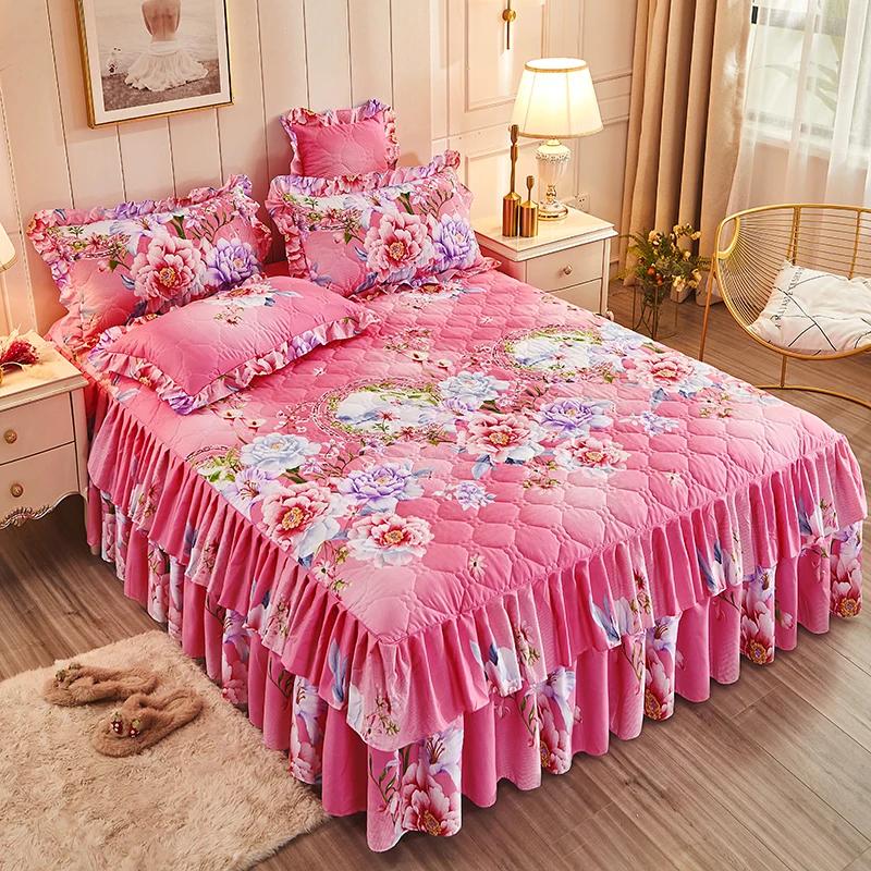 1piece Sheets for Bed Thick Warm Elastic Fitted Queen Mattress Pad Bedspread Bed Skirt Wedding Bedskirt No Pillowcase