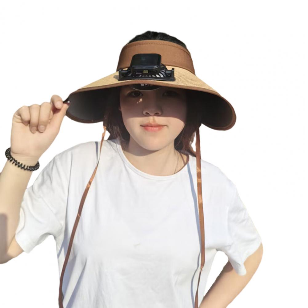 Solar Powered Ventilation Cap Straw Woven Hat Solar-powered Visor Hat with Dual Fans for Outdoor Activities Wide Brim for Beach