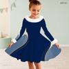 Girls Cream Printed Dress Furry Collar Long Sleeve Bow Waist A Line Flared Hem