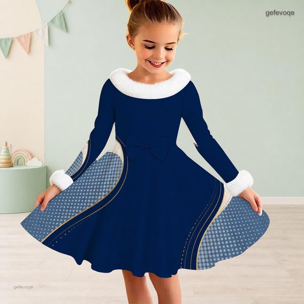 Girls Cream Printed Dress Furry Collar Long Sleeve Bow Waist A Line Flared Hem