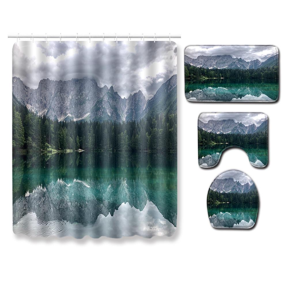 Landscape Shower Curtain Floor Mat Combination Four-Piece Set Bathroom Toilet Carpet Shower Room Mat Foot Mat