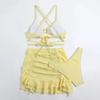 Yousheng 3Pcs/Set Women Swimsuit Solid Color Wave Texture Sexy Split Bikini with Drawstring Ruffle Trim Skirt Lace-up Beachwear