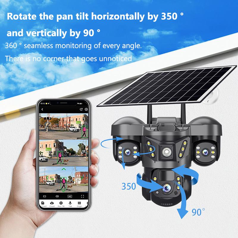 Cameră Solară 4G de Exterior Obiectiv Triplu Trei Ecrane 15MP Cameră IP cu Panou Solar Baterie Încorporată Detectare Mișcare PIR Cameră CCTV