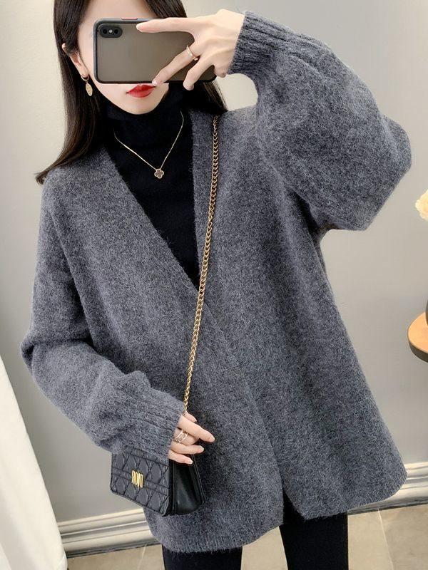 Damen Herbst Koreanischer Stil Einfarbig Gestrickter Cardigan Pullover