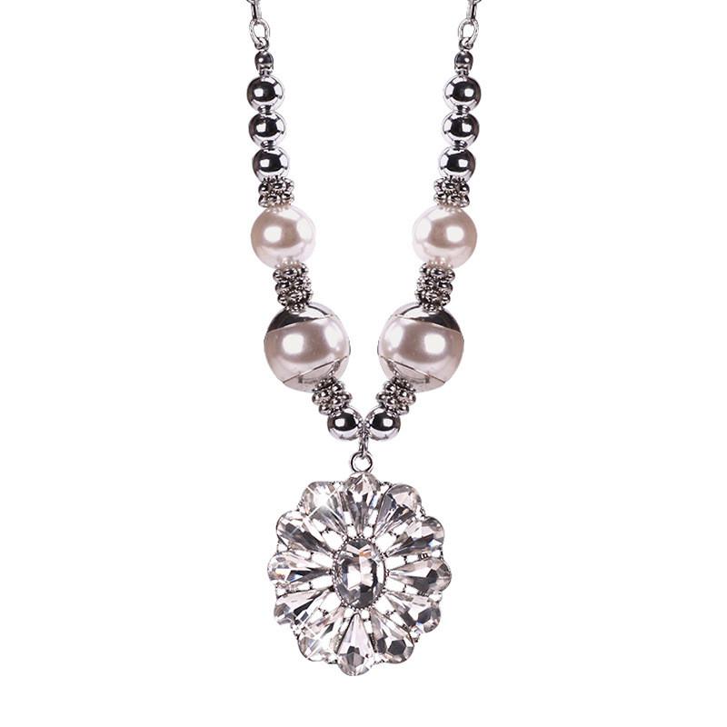 Womens Gorgeous Long Crystal Flower Pendant Necklace In Elegant Korean Pearl Style