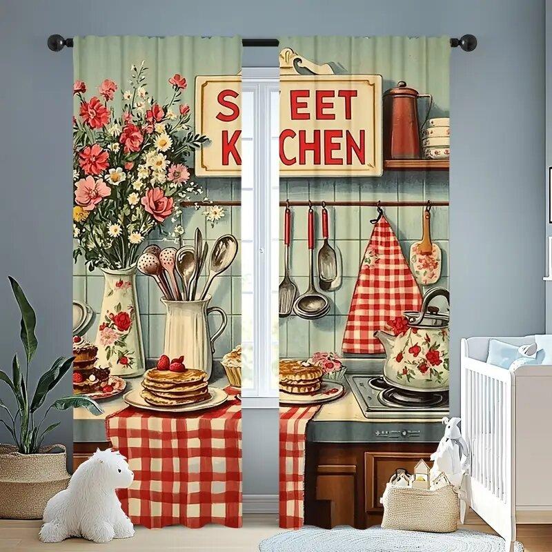 Farmhouse Retro Kitchen Patterned Printed Curtains Window Decorations Home Room Curtain For Cooking Area Made Of Polyester
