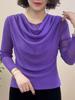 One-Piece 2025 Autumn Pile Collar Mesh Long-Sleeve Women's T-Shirt