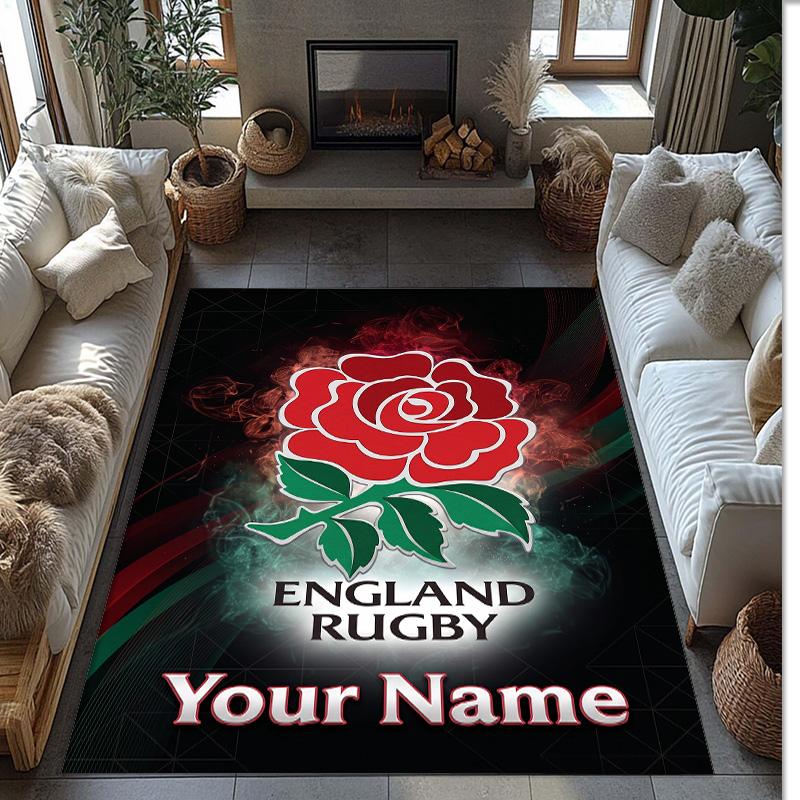 England Rugby Crystal Velvet Rug, Custom Name Text Personalized Non‑Slip Floor Mat for Home Decor Gift