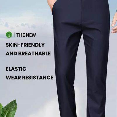 Men Business Pants Straight Leg Anti-wrinkle Solid Color Mid Waist Soft Thickened Plush Formal Style Elastic Pockets Men Office Commute Suit
