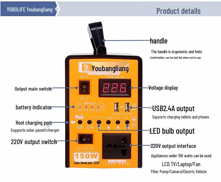 Youbangliang 12V/220V Dual Output Multifunctional Solar Power Bank System