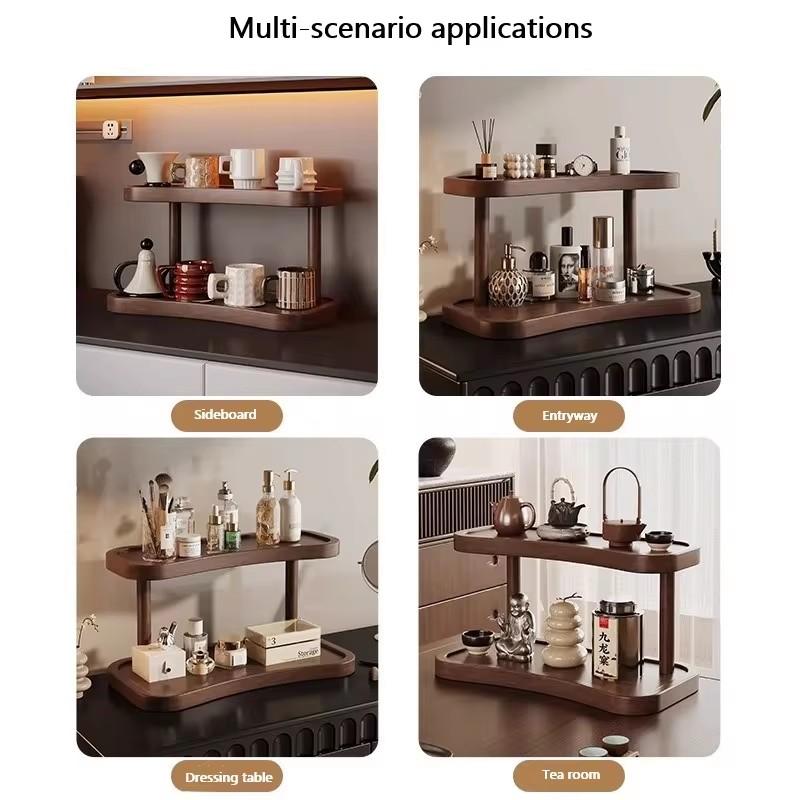 Compact Bamboo Cosmetic Organizer with Dual Shelves and Integrated Cup Holder for Kitchen or Coffee Mug Display