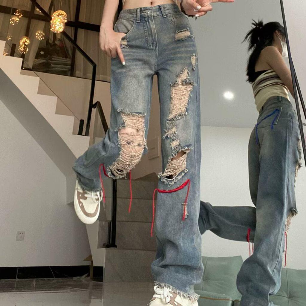 High Waist Ripped Jeans for Women - Loose Wide-Leg Pants with Trendy Streetwear Design