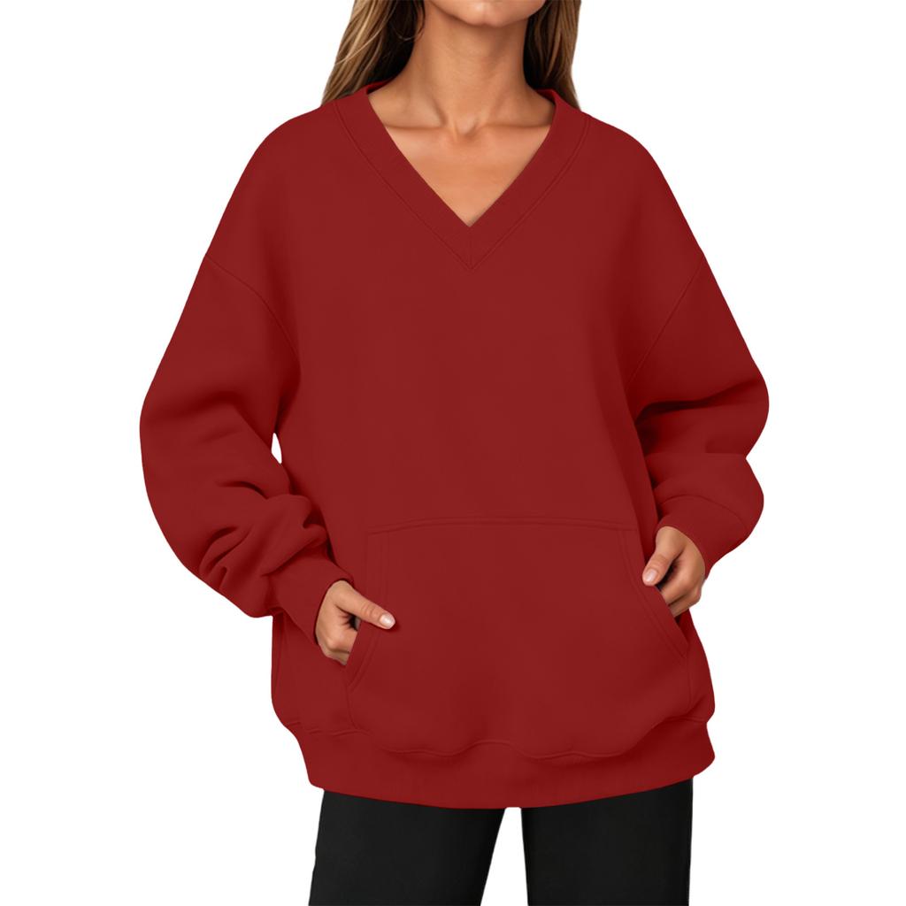 Damen Mode V-Ausschnitt Longline Pullover Sweatshirt mit Tasche für Herbst Winter