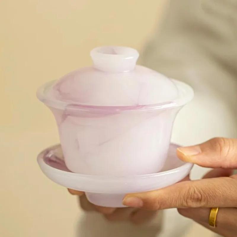 Ink Wash Liuli Gaiwan Large Tea Cup Ice Translucent Purple Three Layer Heat Resistant Kung Fu Tea Set Brewing Bowl with Lid