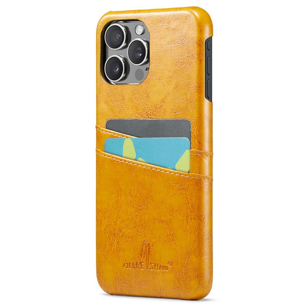

FIERRE SHANN For iPhone 16 Pro Case Waxy PU Leather+PC Card Holder Phone Cover Yellow
