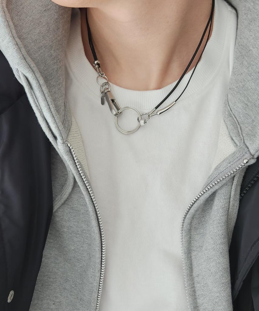 Acha Real Leather Link Circle Layered Necklace _ Black