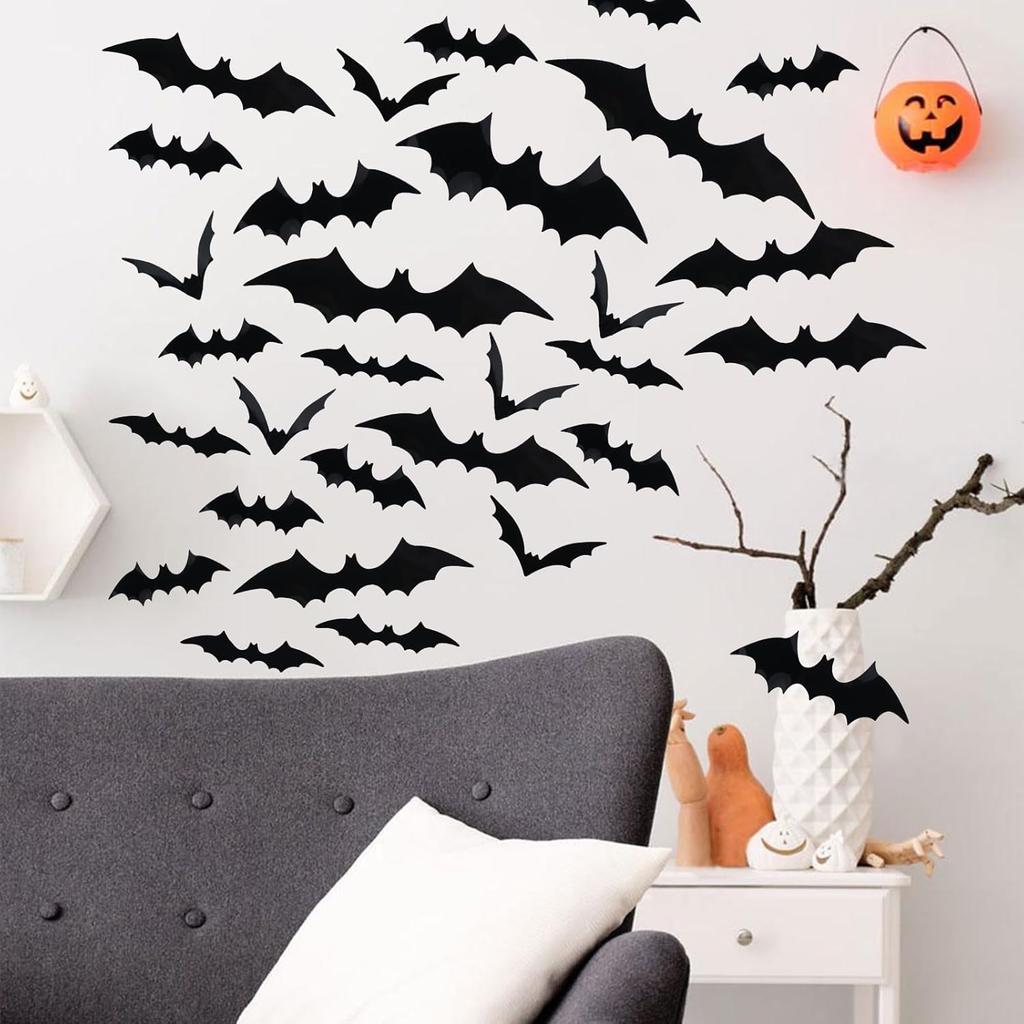 Halloween Decorations, 120PCS Bats Halloween Decor Indoor Outdoor, Realistic PVC 3D Black Scary Bat Stickers Wall Decor for Party Decorations