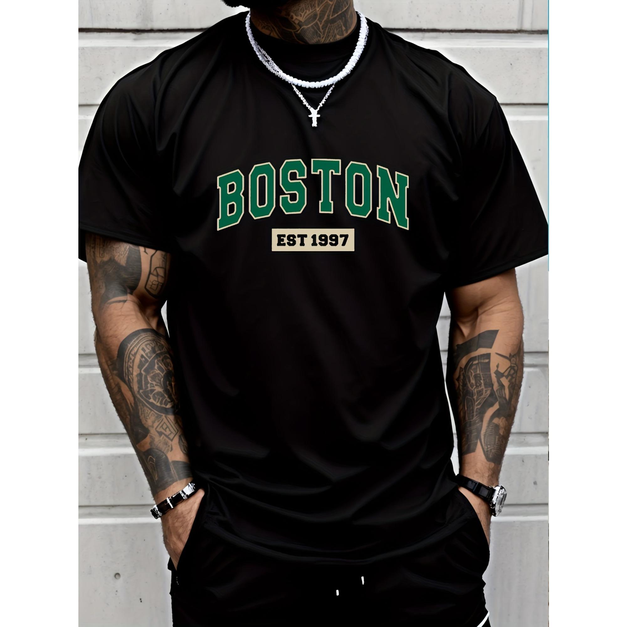 

Men S Boston Est. 1997 Graphic Print T-Shirt Casual Crew Neck Short Sleeve Tee with Slight Stretch Regular Fit Letter Pattern 4XL