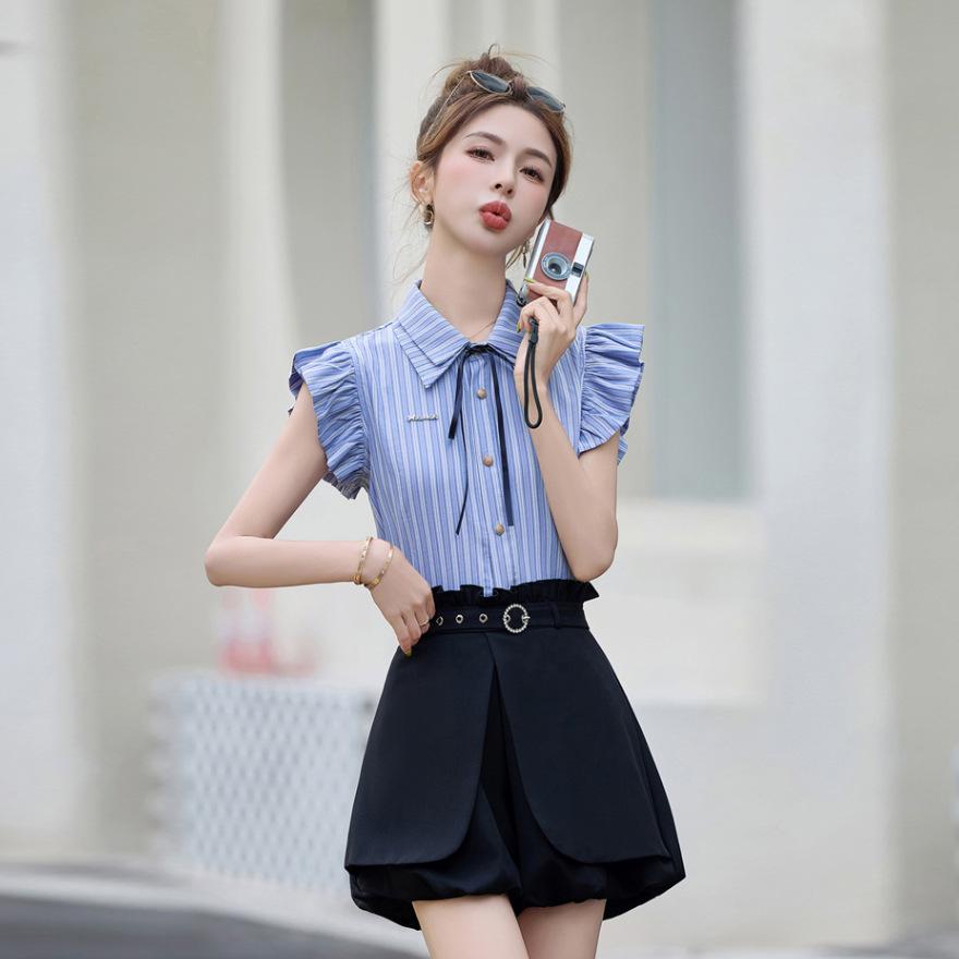 

Повседневный костюм в стиле колледжа, летний дизайн, милый маленький голубой полосатый топ, шорты, комплект из двух предметов XL