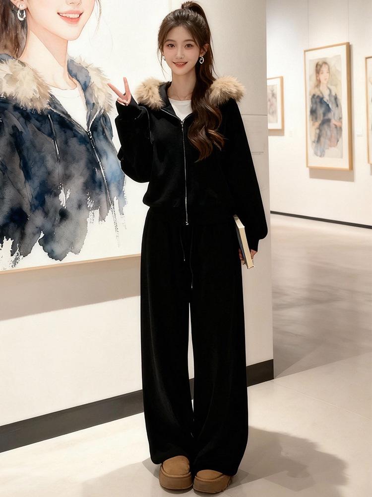 2026 Autumn Winter Women's Elegant Casual Velvet Hoodie and Pants Set