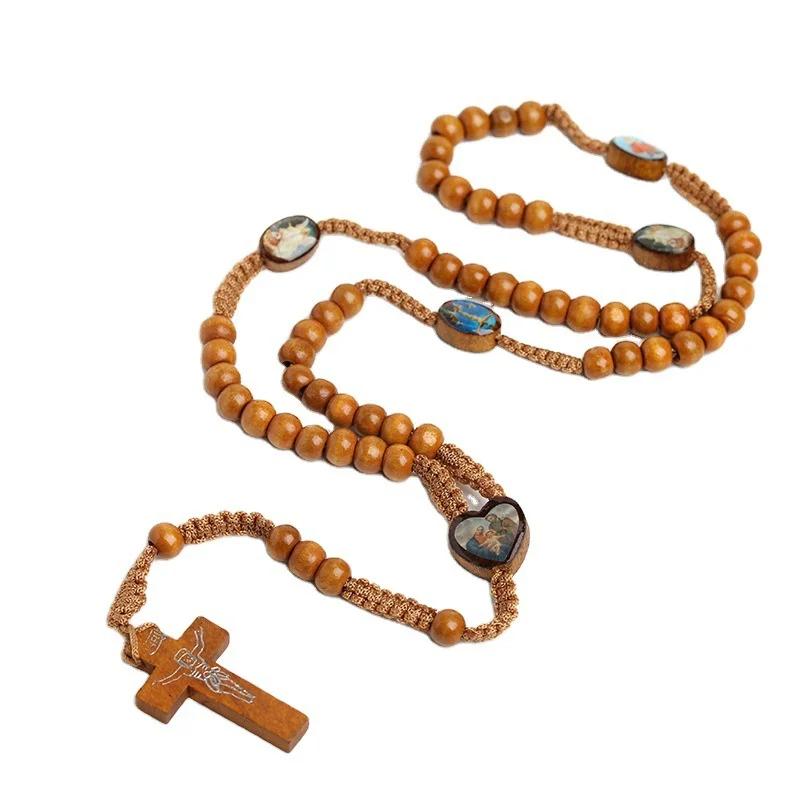 Wooden Beads Cord Rosary St Benedict Medal Jesus Cross Car Pendant Necklace Catholic Fashion Religious Jewelry Auto Decor