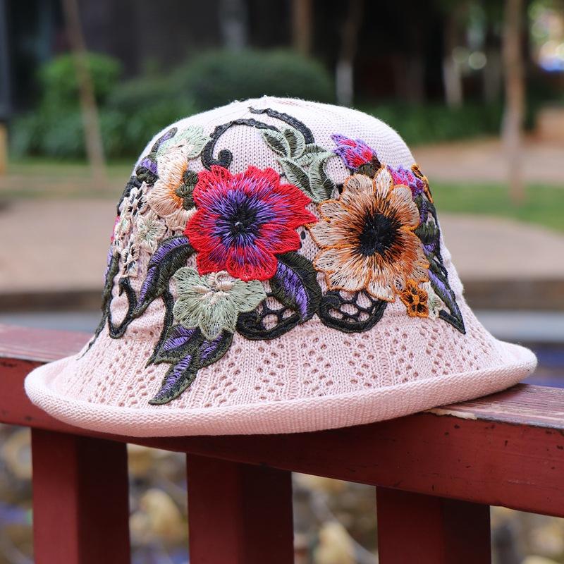 Vår og sommer etnisk vind broderi blomst sammenleggbar hatt dame strikkelue sandbøttehatt