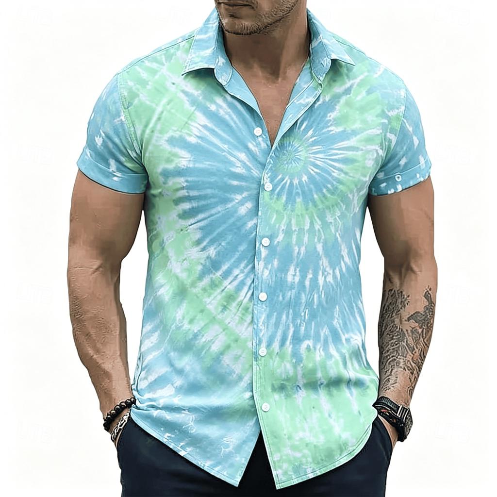 Men's Neon Lightning Spiral Print Short Sleeve Shirt, Retro Psychedelic Button Up Shirt for Spring & Summer