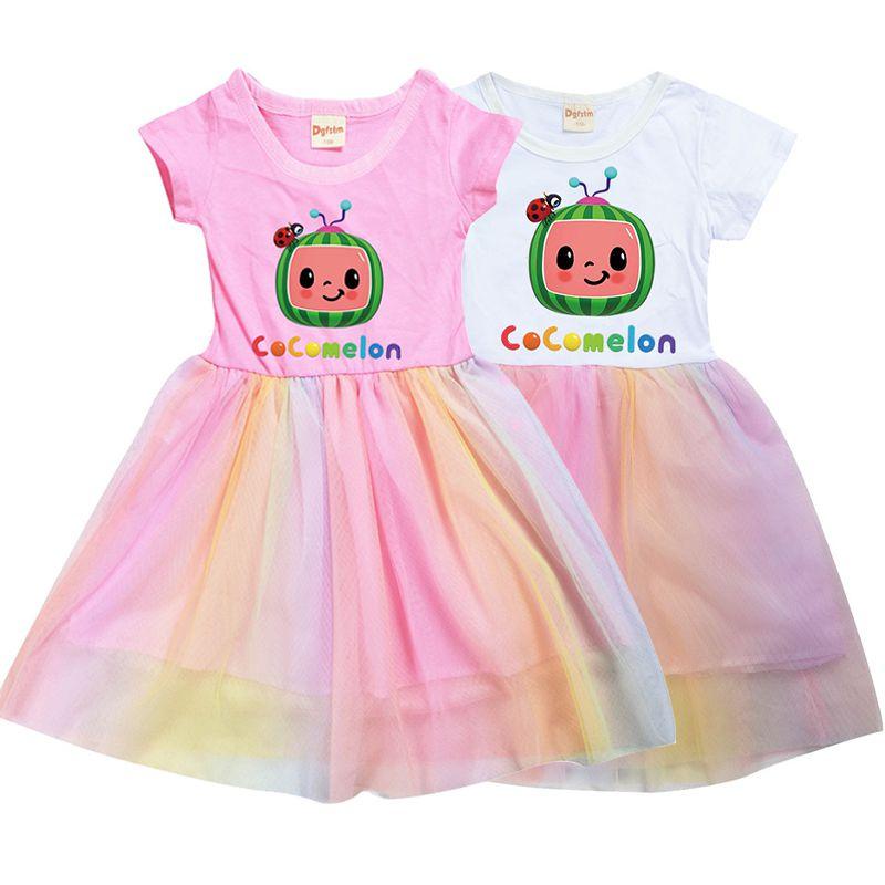 Cocomelon Kinder Mädchen Prinzessinnenkleid Mit Kurzem Ärmel Cartoon Anime Druck Und Atmungsaktivem Netzstoff