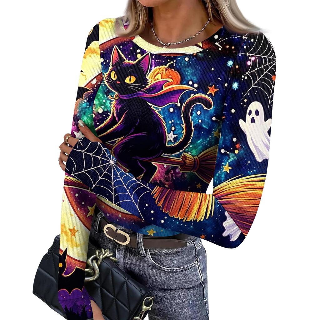 Women's Slim Fit Long Sleeve Halloween Printed T-Shirt with Thumb Holes Neck Pullover Base Layer