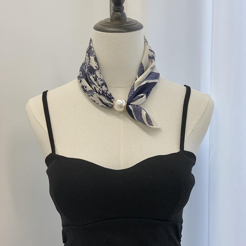 Silk scarf new pearl necklace spring and summer thin magnetic buckle lazy silk scarf women's pendant scarf collarbone chain