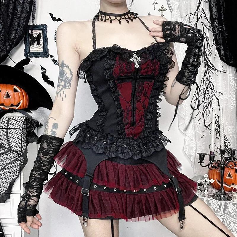 AltGoth Gothic Hotsweet Camisole Damen Vintage Ästhetik Y2k E-Girl Hipster Spitze Patchwork Neckholder Crop Tank Tops Cosplay Kleidung