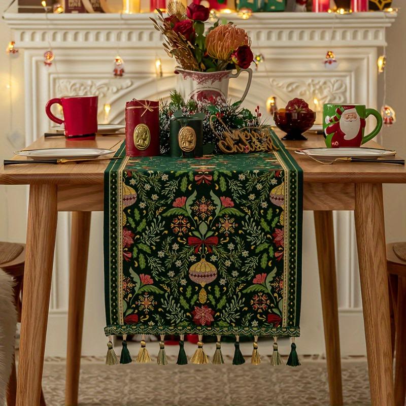 Christmas Table Runner with Tassels Woven Polyester Blend Rectangular Festive Plant & Flower Pattern Holiday Party Dining Decor