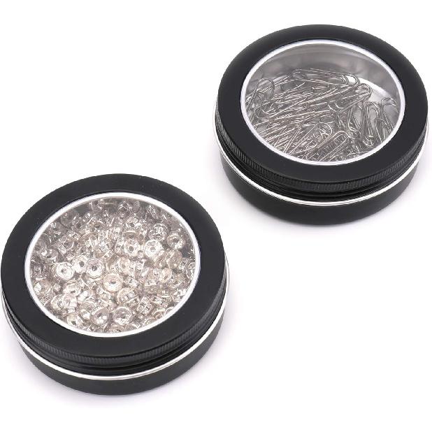 Foraineam 40 Pack 2 Ounce Round Tins Screw Lid Containers with Clear Window Matte Black Metal Empty Tin Cans Aluminum Travel Storage Jars for