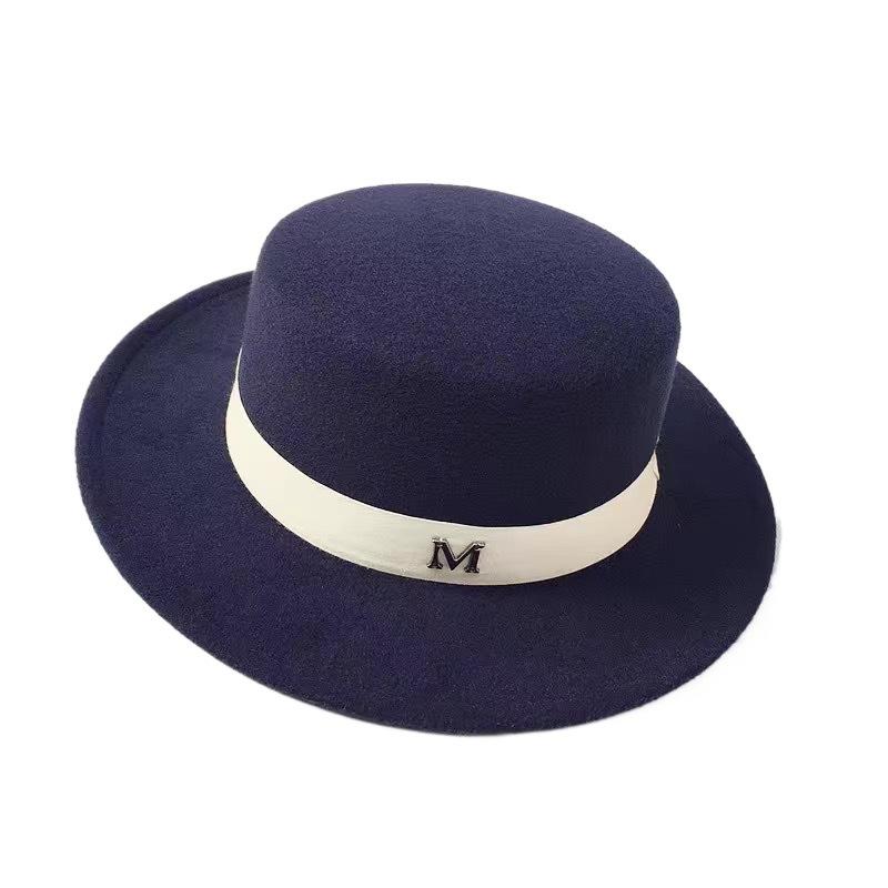 Retro British Style White Ribbon Flat Top Top Top Hat Couple Men and Women Gentleman's Hat Spring and Autumn Large Flat Brim Woolen Thermal Hat